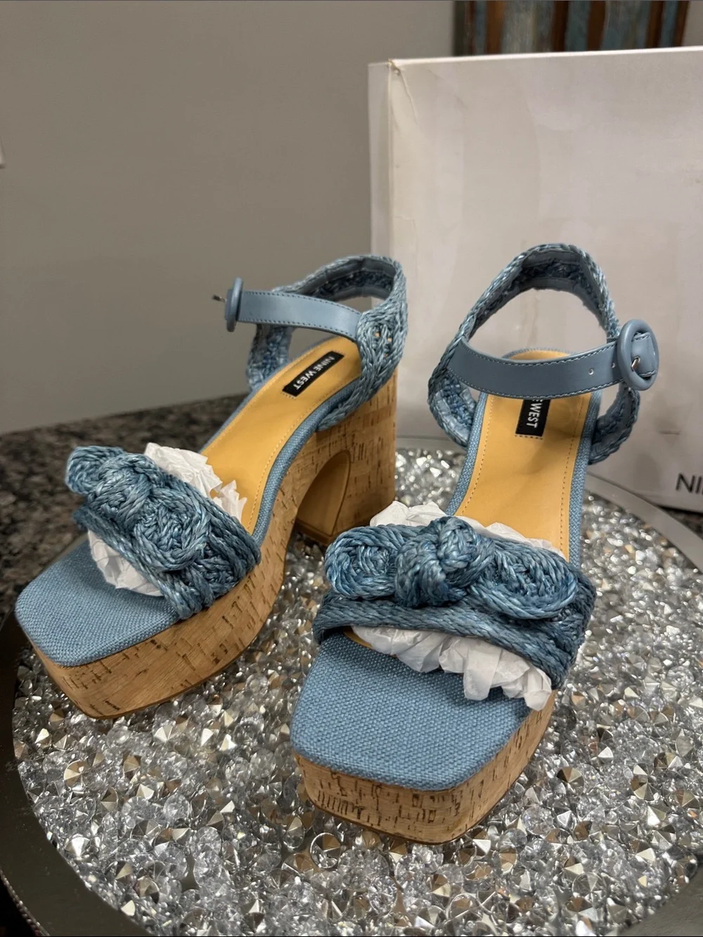 Nine West Comiele Light Blue Braided Cork Platform Sandals NEW 8.5